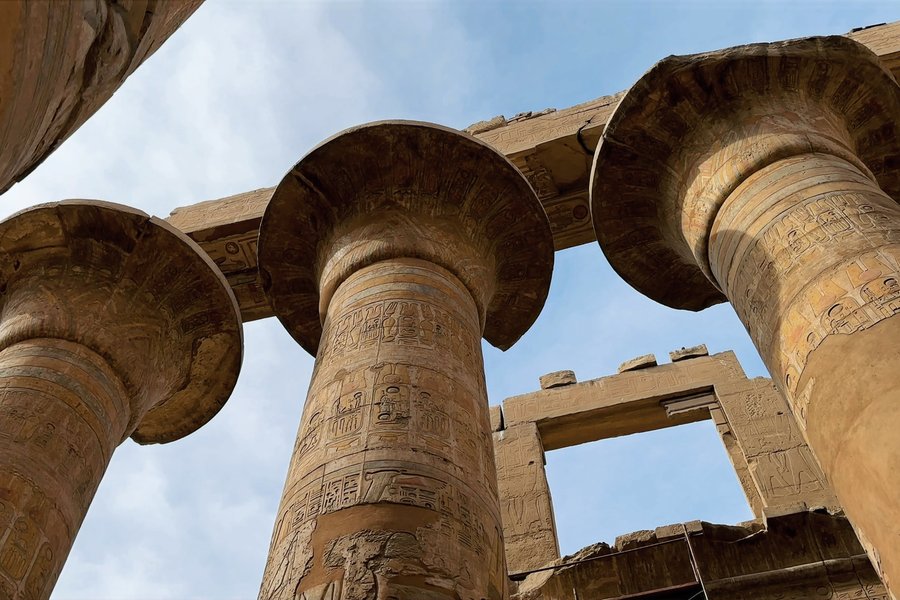 Monumental papyrus-capital columns of an Egyptian temple, Luxor